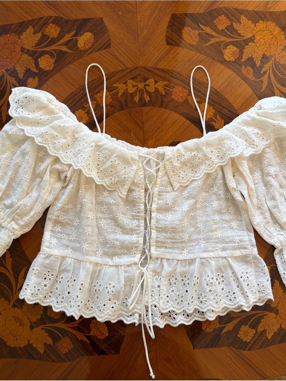Zara White Eyelet Off-Shoulder Lace-Up Peasant Top